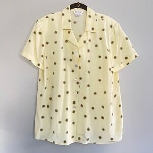 Due Per Due Silk Short Sleeve Polka Dot Blouse Yellow Brown Size 12 professional